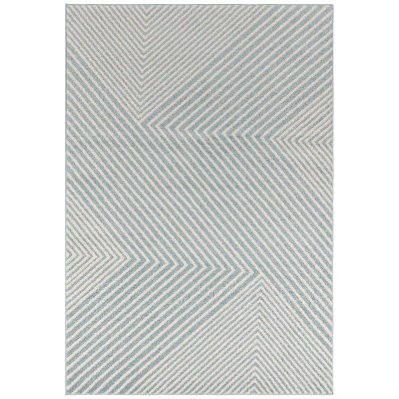 Blue and cream geometric area rug with diagonal stripe pattern