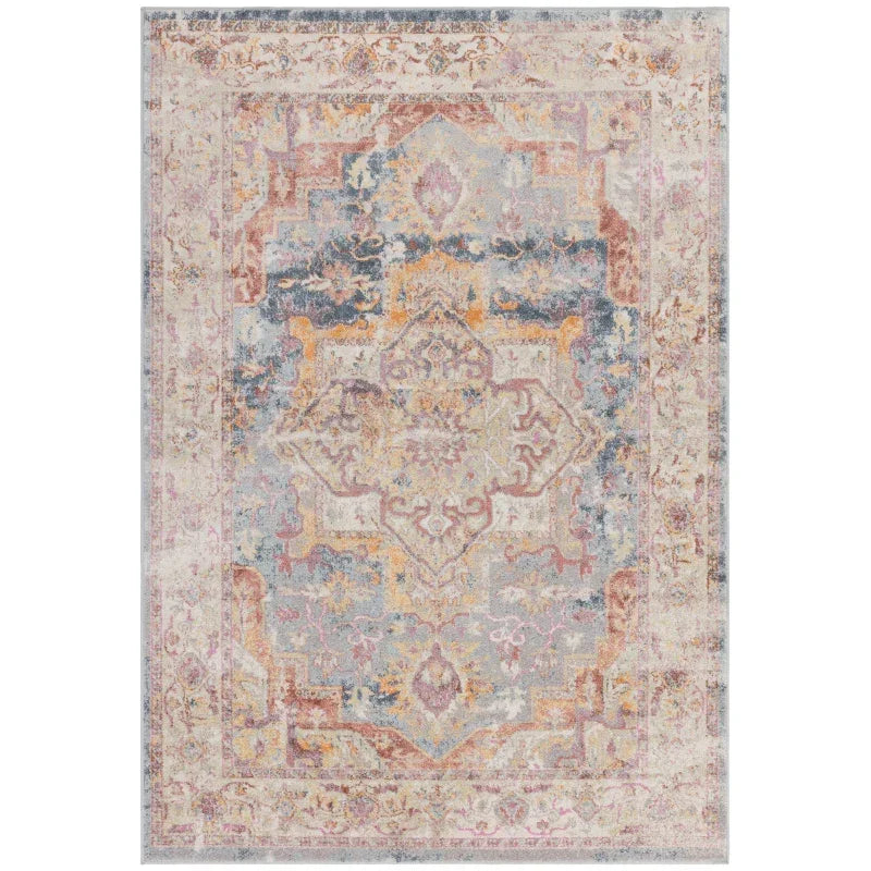 Vintage style area rug with distressed multicolored medallion and ornate border pattern
