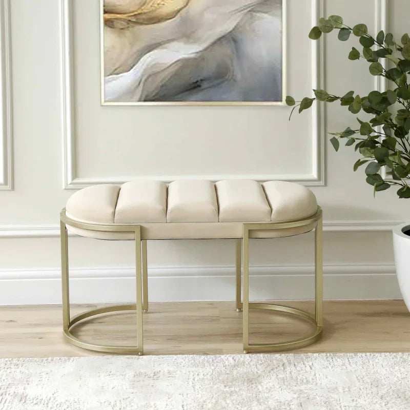 80cm Cream Velvet Medium Tufted Bench with Champagne Legs