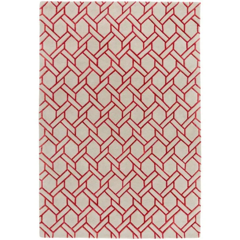 Beige rug with geometric red line pattern for modern living room or bedroom