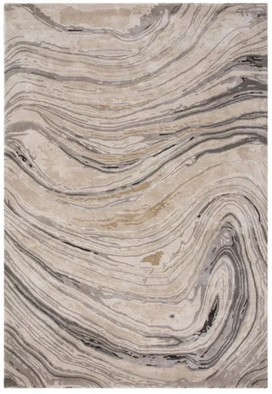 Abstract beige and grey area rug with marbled swirl pattern