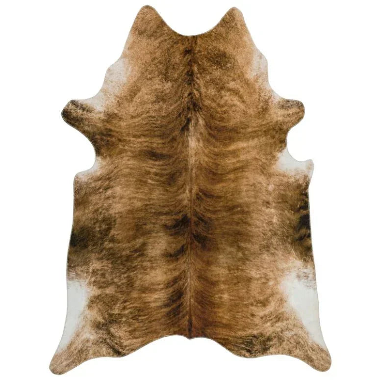Brown cowhide rug with natural pattern and white edges, displayed flat on a white background