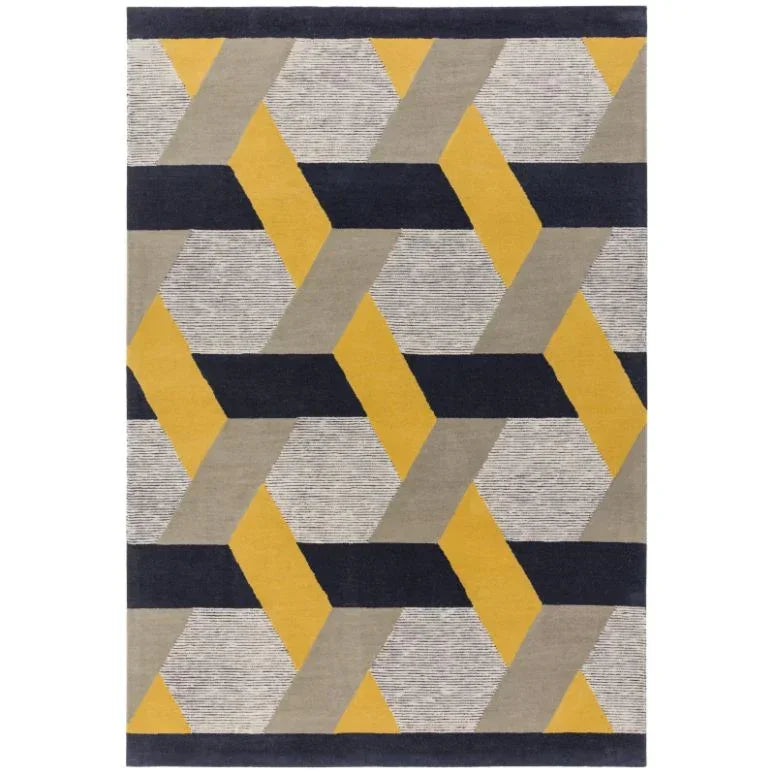 Geometric patterned rug with yellow, grey, and black shapes on a flat woven surface