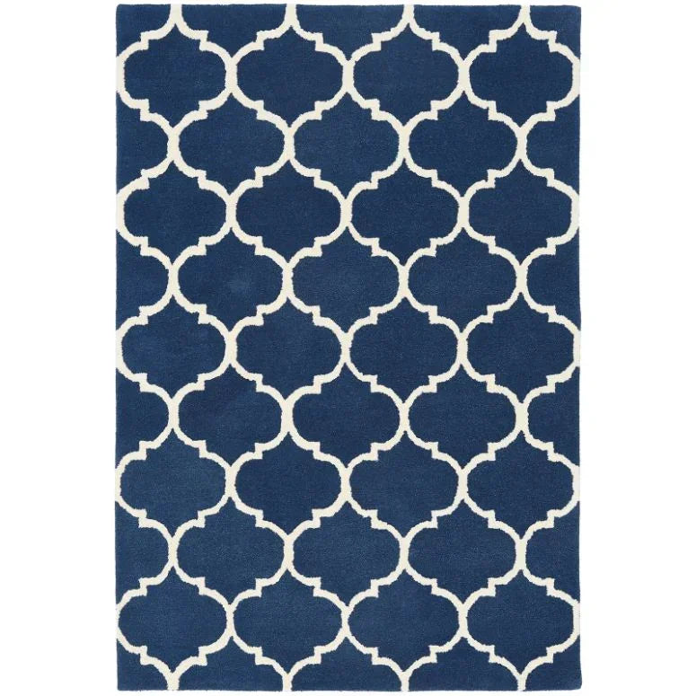 Navy blue rug with white geometric lattice pattern, rectangular modern area rug