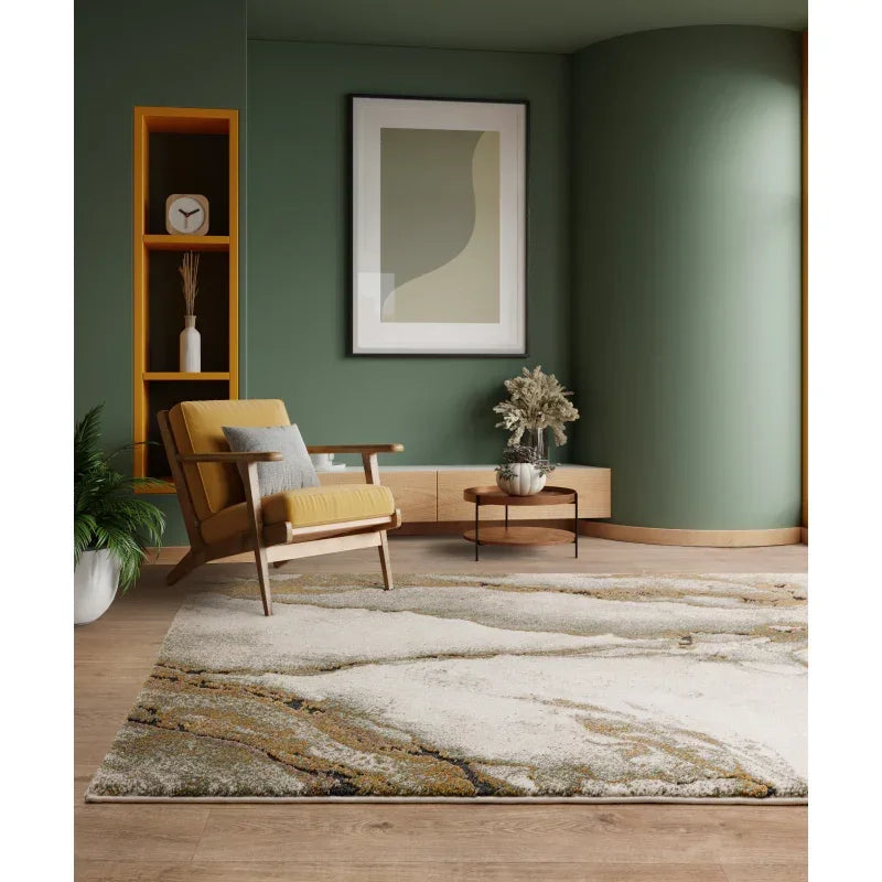 Modern living room with patterned area rug, yellow accent chair, and green walls