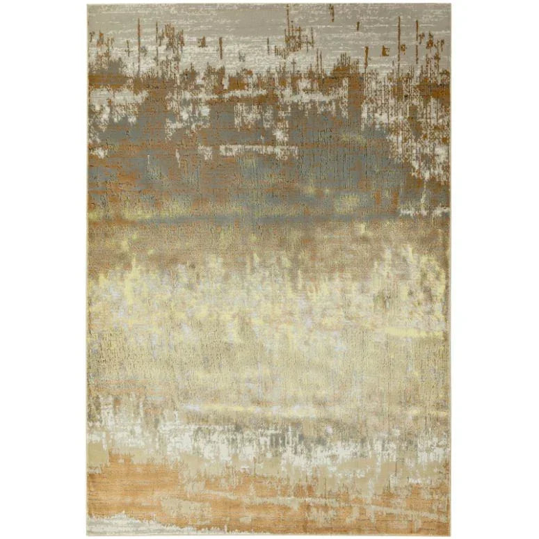 Modern area rug with abstract pattern in beige, grey and muted gold tones