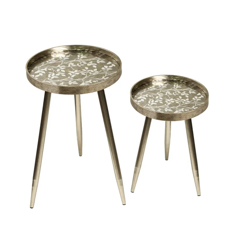 Set of 2 Champagne Nesting Table with Leaves Design