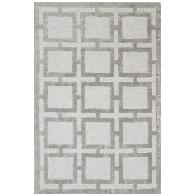 Grey geometric pattern area rug with intersecting lines and square motifs