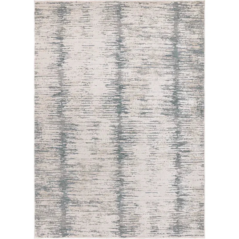 Grey and cream abstract area rug with textured horizontal lines pattern