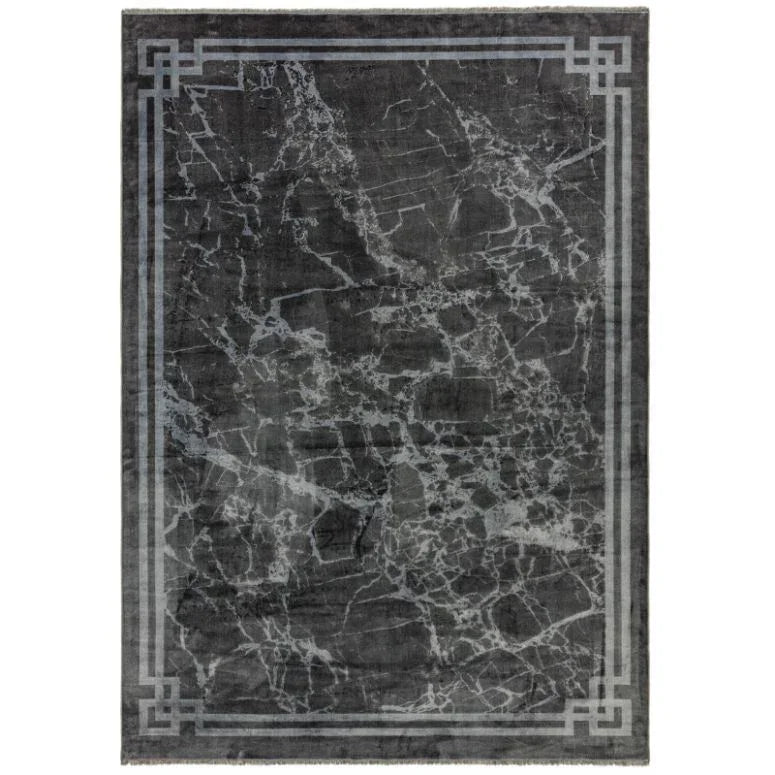 Black marble effect rug with grey geometric border pattern