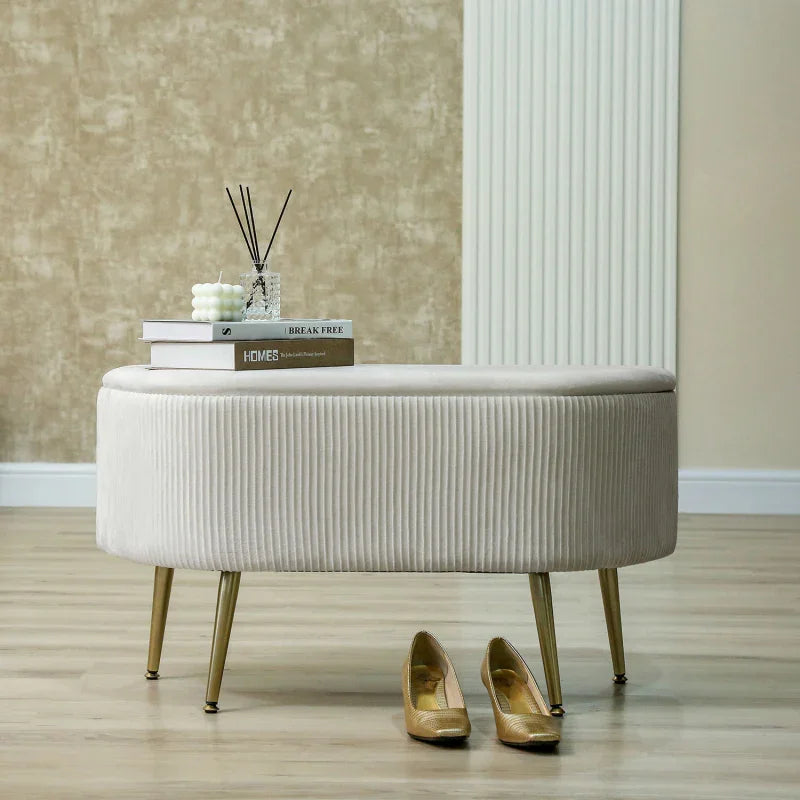 48cm Beige Velvet Storage Bench in Gold Legs