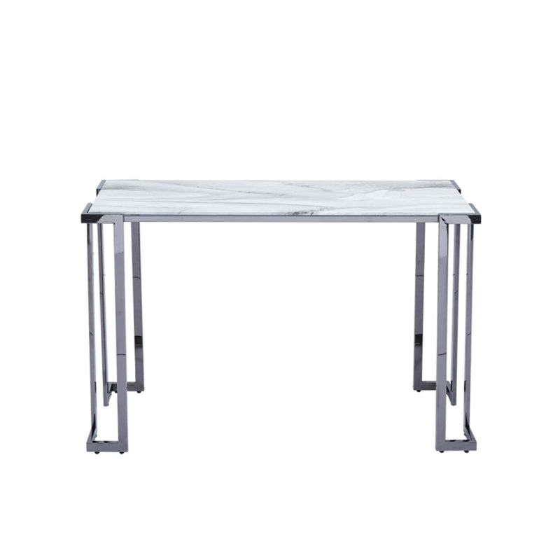 Aamari Grey Gunmetal Console Table with White Faux Marble Glass Top - KD
