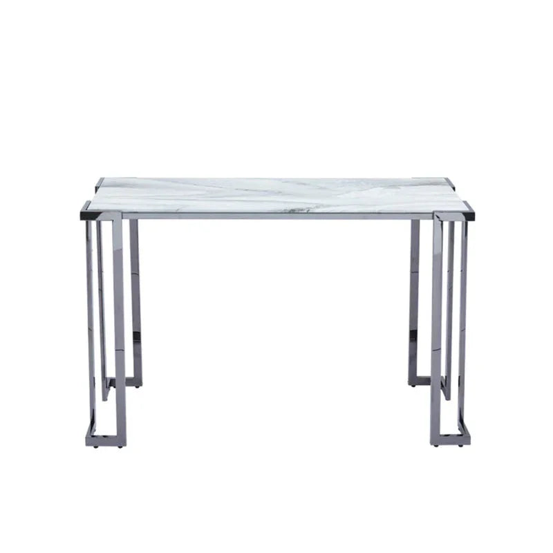 Aamari Grey Gunmetal Console Table with White Faux Marble Glass Top - KD