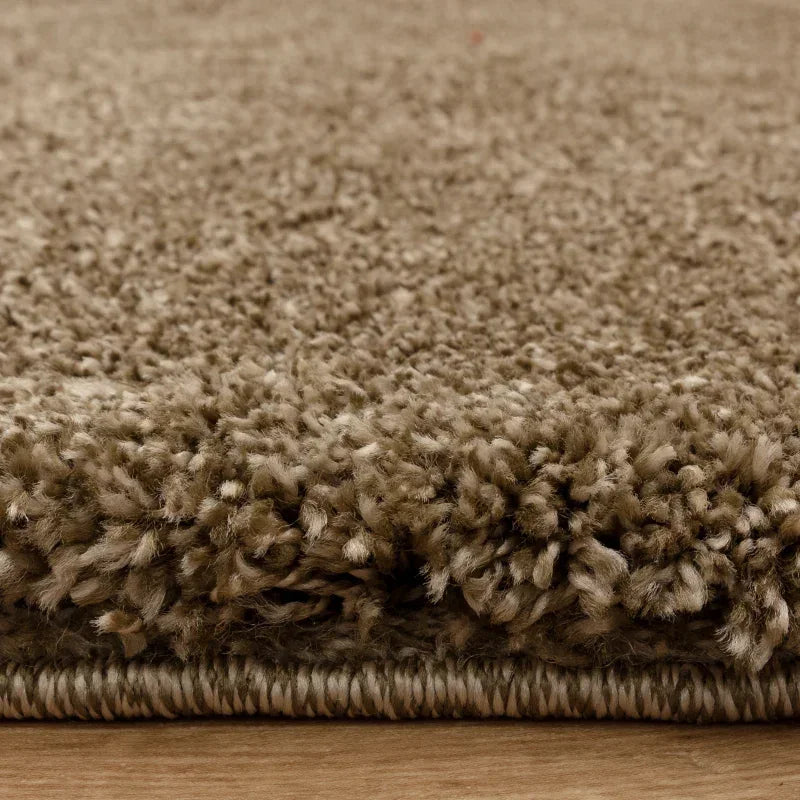 Close-up of beige carpet pile and textured edge on wooden floor