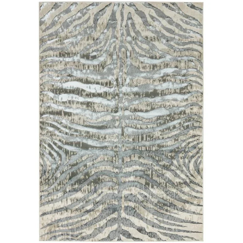 Modern area rug with grey and beige abstract zebra stripe pattern