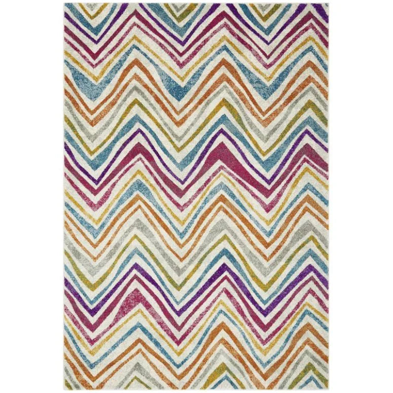 Multicolour zigzag patterned rug with chevron stripes on a white background