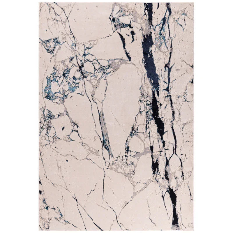 cream marble effect rug with navy blue and grey veining, modern rectangular area rug