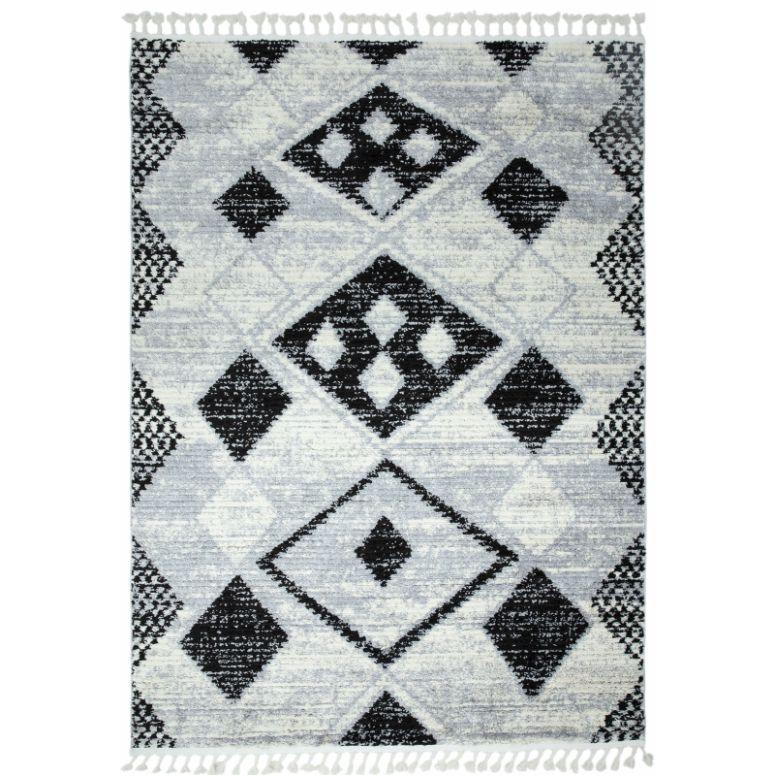 Grey and black geometric area rug with diamond pattern and tasselled edges