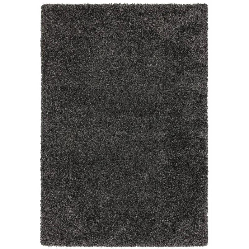 Rectangular dark grey shaggy rug with high pile texture for living room or bedroom