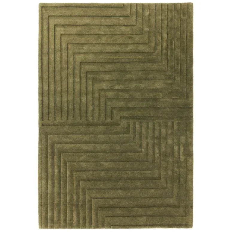 Olive green geometric rug with raised rectangular pattern and textured surface