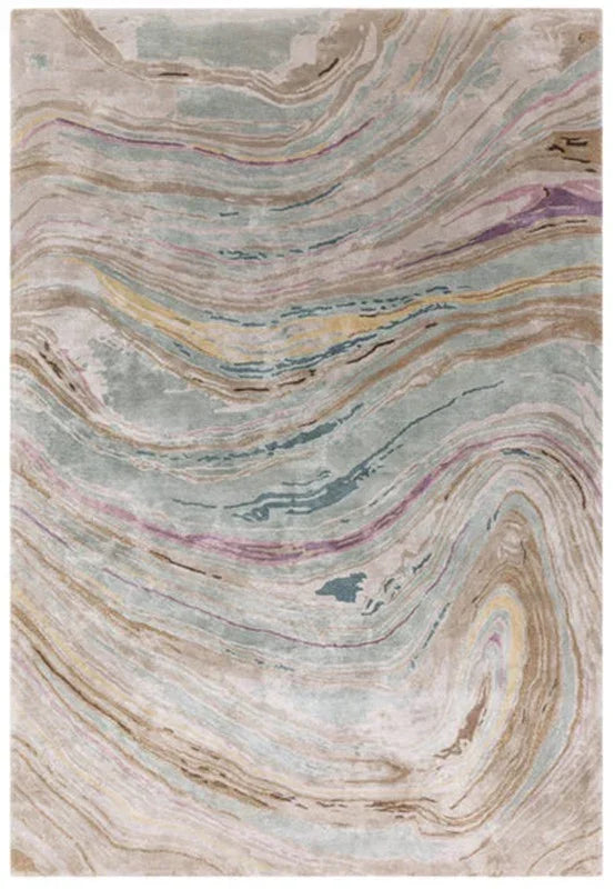 Abstract swirl pattern area rug in beige, blue, yellow and purple tones