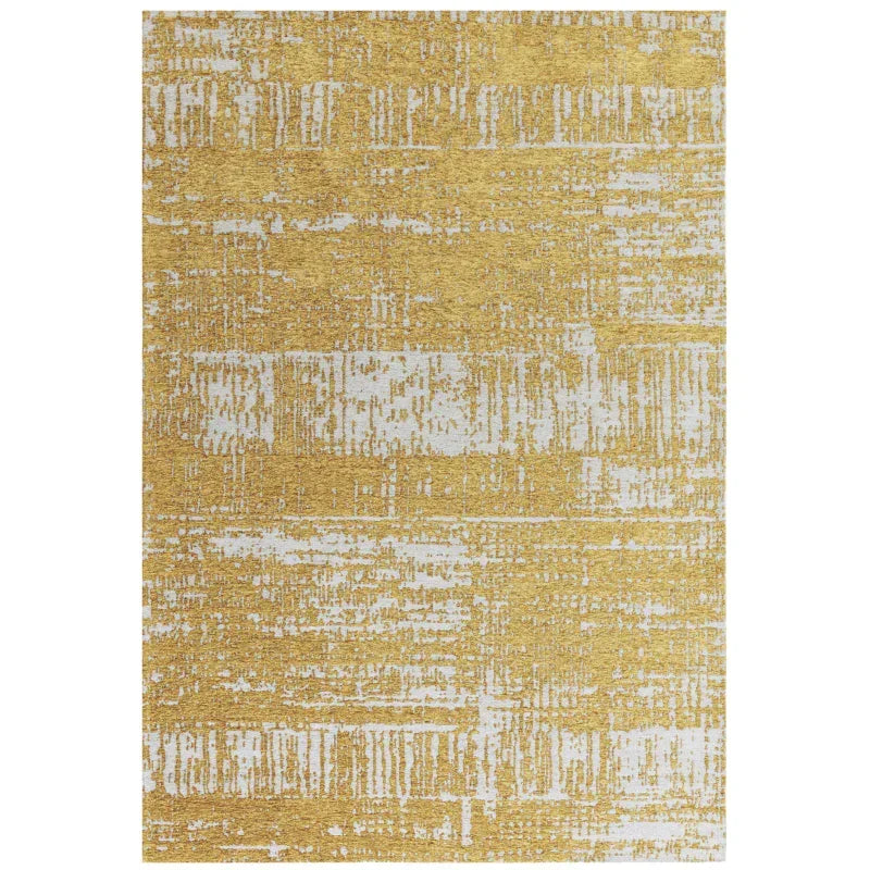 Yellow abstract patterned area rug with textured white accents, rectangular shape