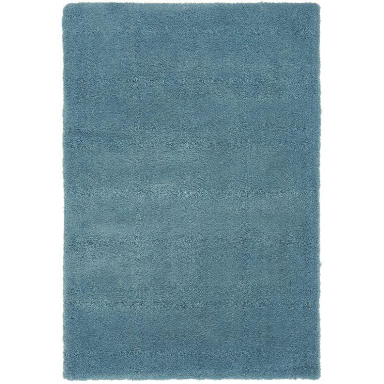 Blue rectangular shaggy rug with soft pile texture, overhead view