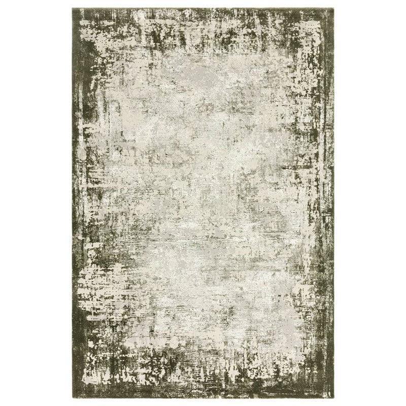 Modern distressed area rug with olive green and beige pattern, rectangular shape