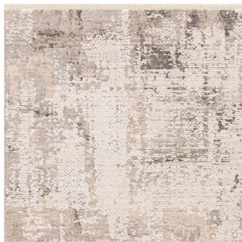 Beige and grey abstract area rug with textured pattern and soft pile