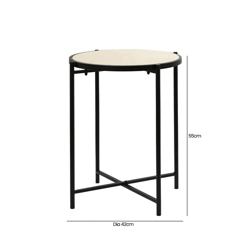 55cm Black Metal End Table with Travertine Marble Top