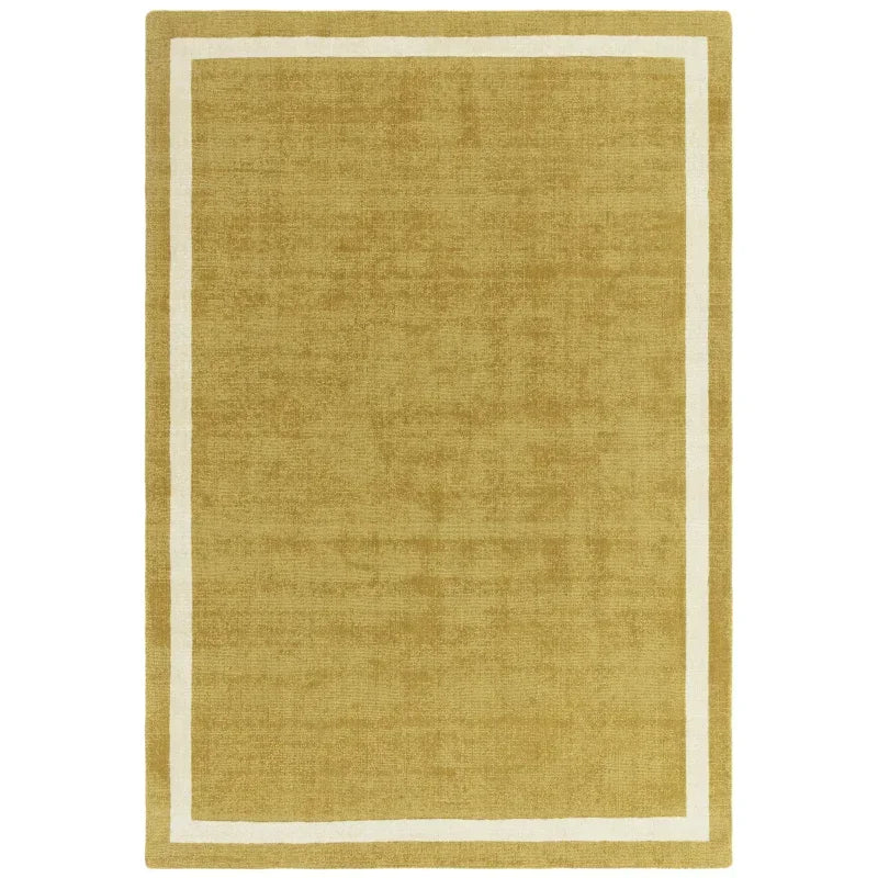Beige area rug with simple white border on flat surface