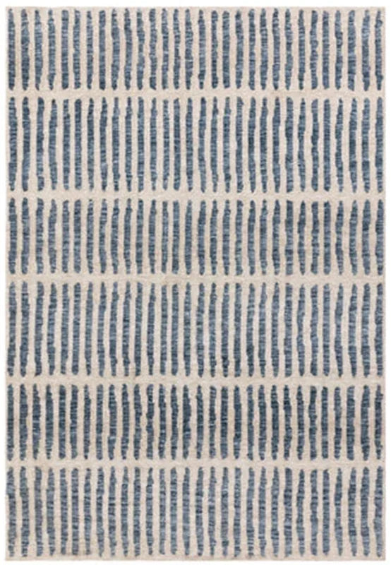 Modern area rug with blue vertical stripe pattern on beige background