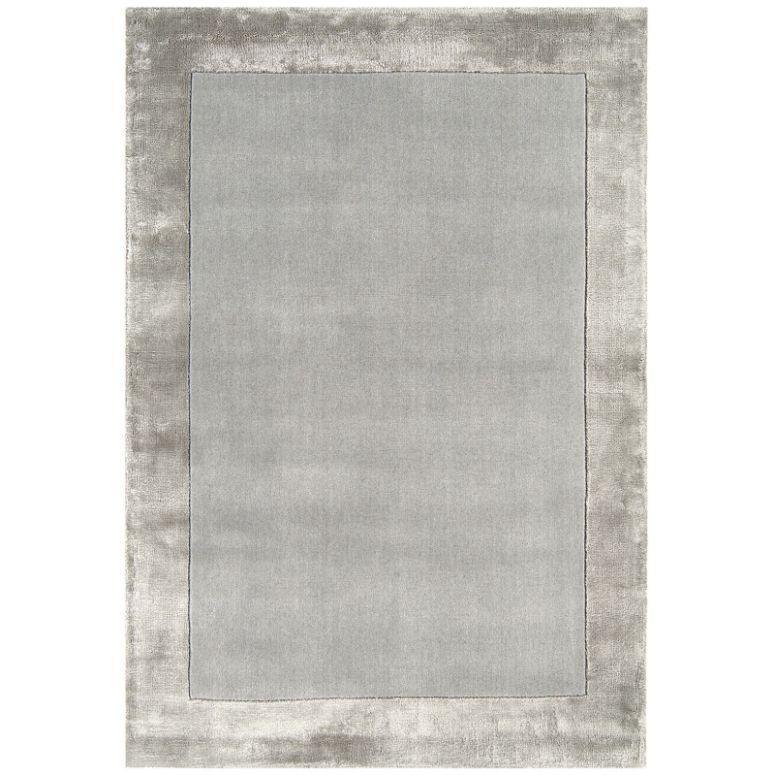 Grey rectangular area rug with wide border design and soft texture