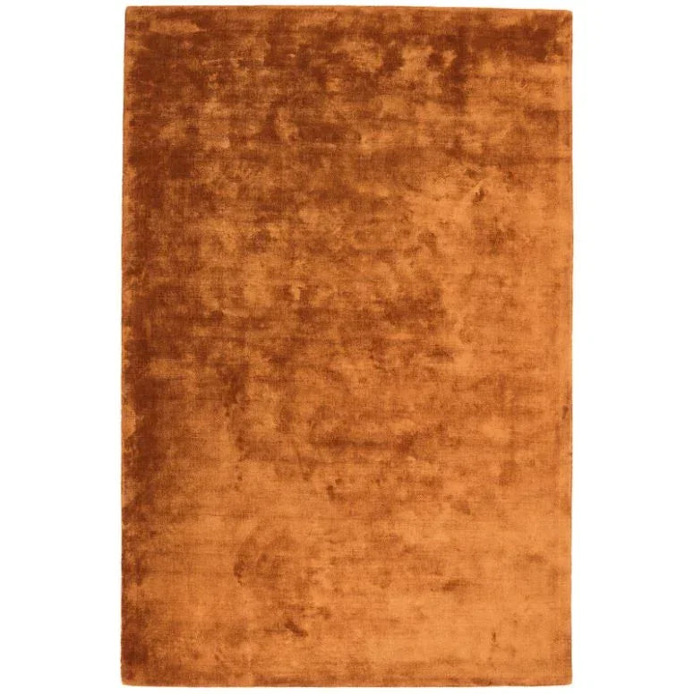 Rectangular burnt orange area rug with soft textured pile and solid color finish