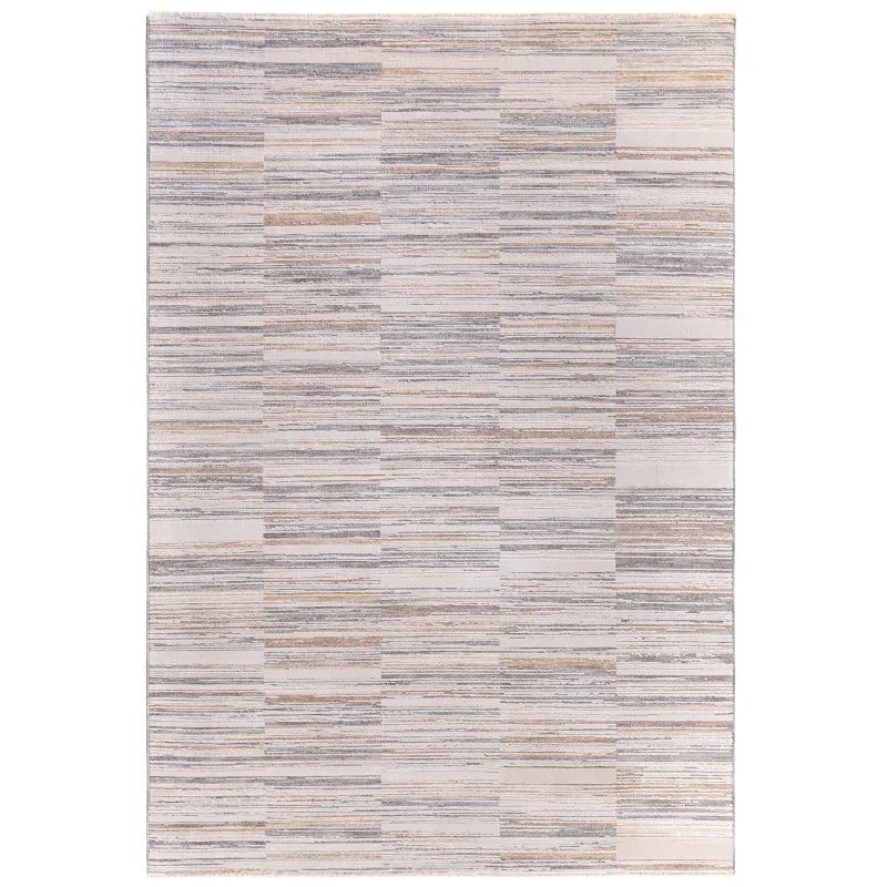 Beige striped area rug with subtle horizontal lines and soft neutral tones
