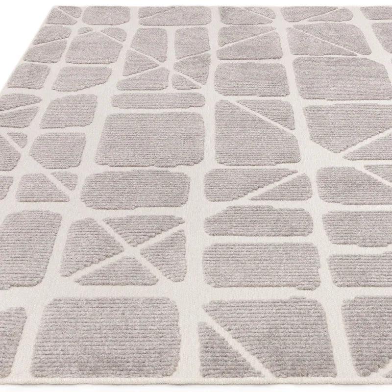 Modern grey geometric area rug with textured rectangular pattern on white background