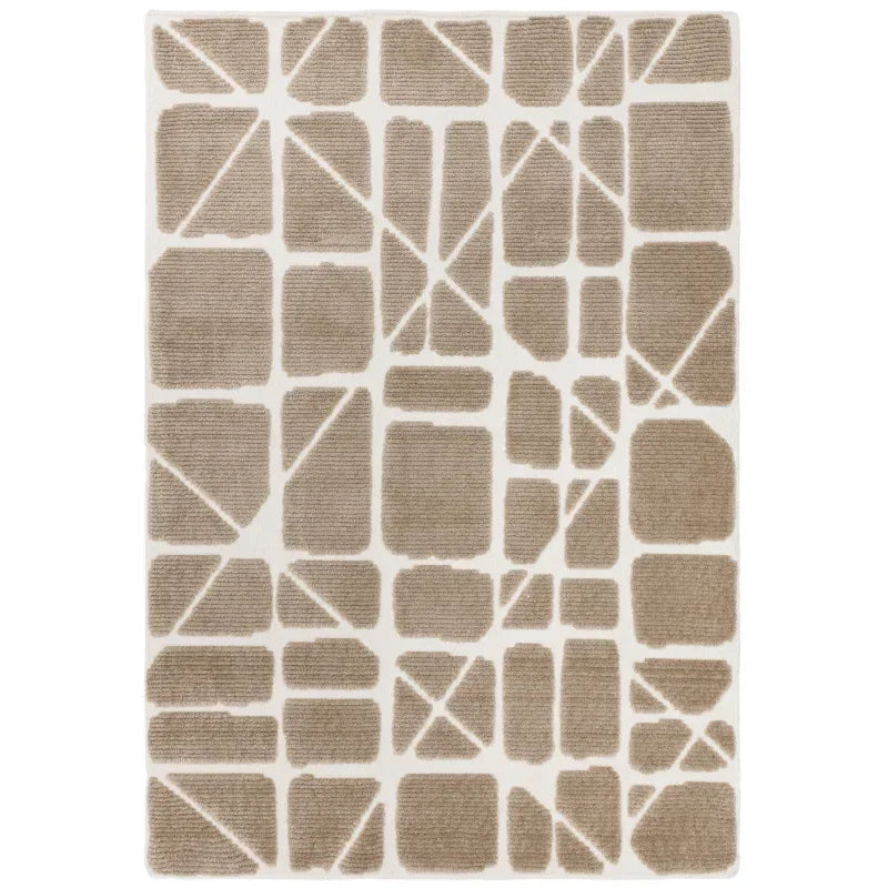 Beige geometric area rug with white background and modern block pattern