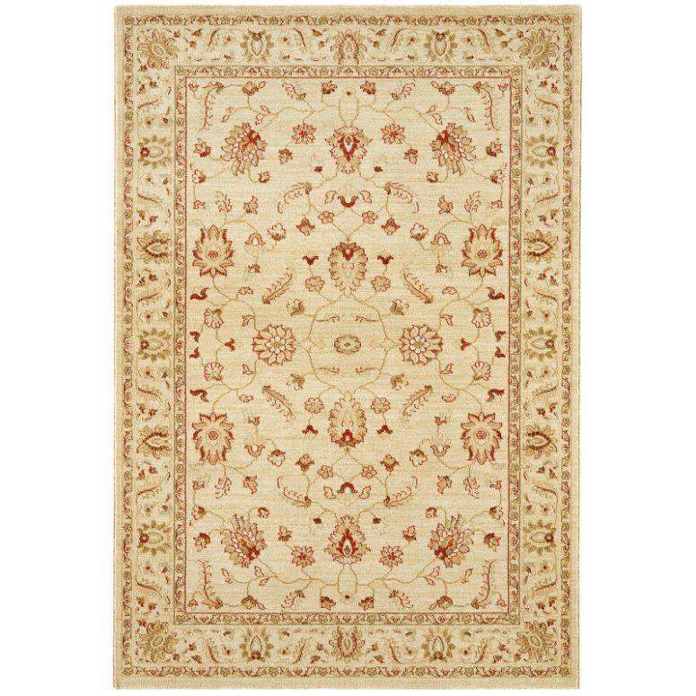 Traditional cream area rug with intricate red and beige floral pattern and decorative border