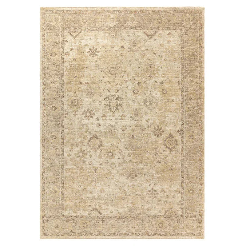 Beige traditional patterned rug with ornate border and subtle floral motifs