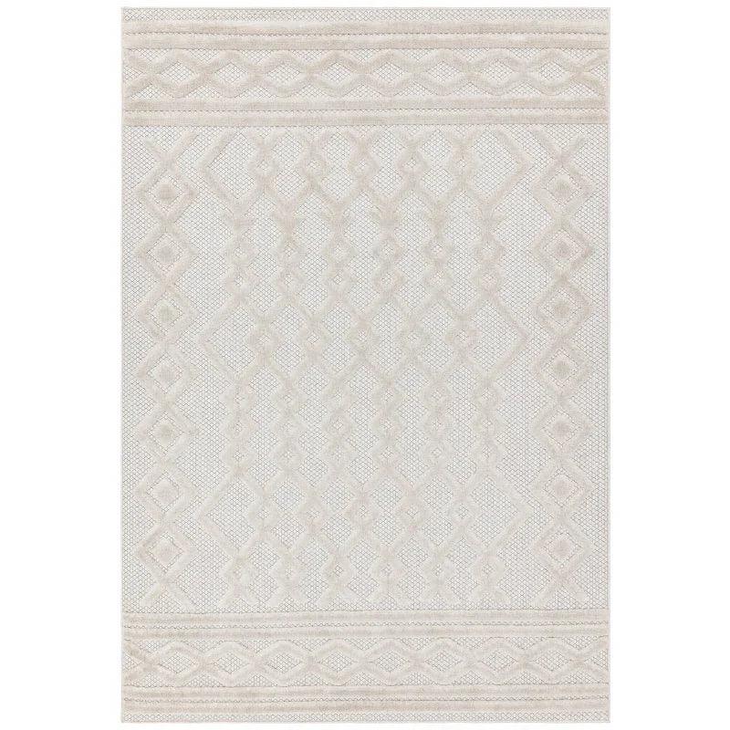 Cream geometric patterned rug with textured diamond design and woven border