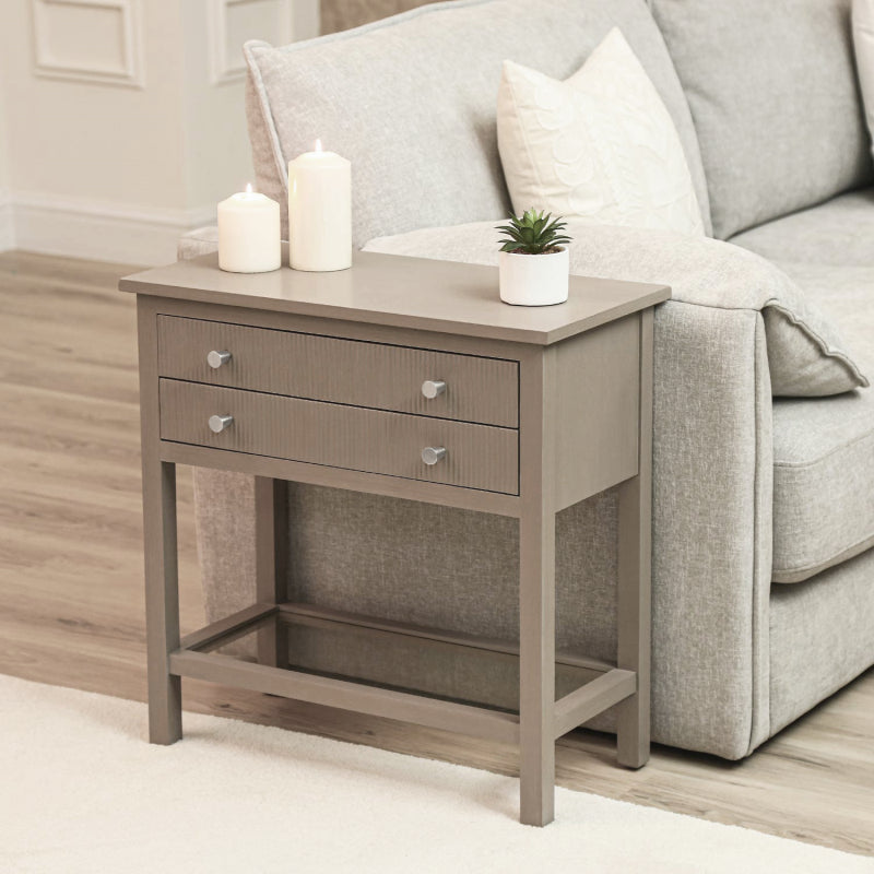 Lindon Taupe 2 Drawer Bedside Cabinet with Glass Shelf