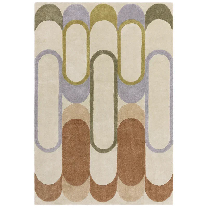 Modern area rug with geometric pattern in beige, brown, olive and lilac tones