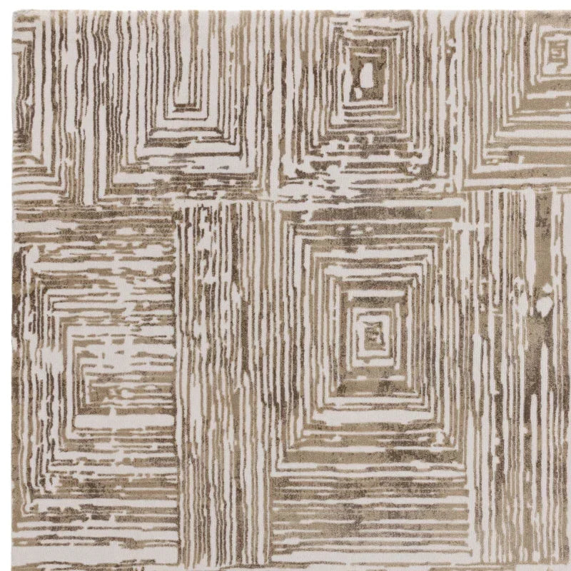 Beige and cream patterned rug with geometric square design and modern texture