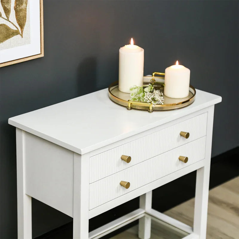 Lindon Frosty White 2 Drawer Bedside Cabinet with Clear Glass Shelf with Gold Handle