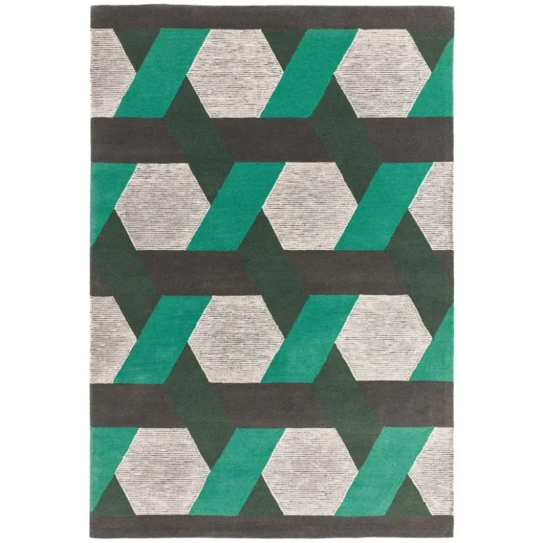 Green and grey geometric rug with interlocking hexagon pattern, modern home decor accent