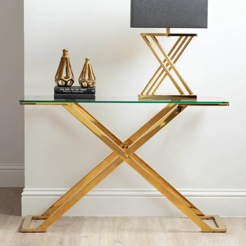 Axel Gold Metal Console Table with Clear Glass Top