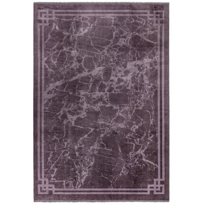 Purple area rug with marble effect and geometric border pattern