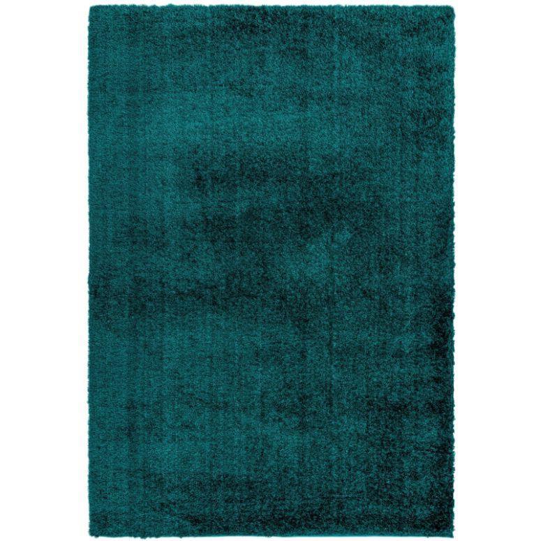 Teal shaggy rug with soft textured pile, rectangular shape, viewed from above