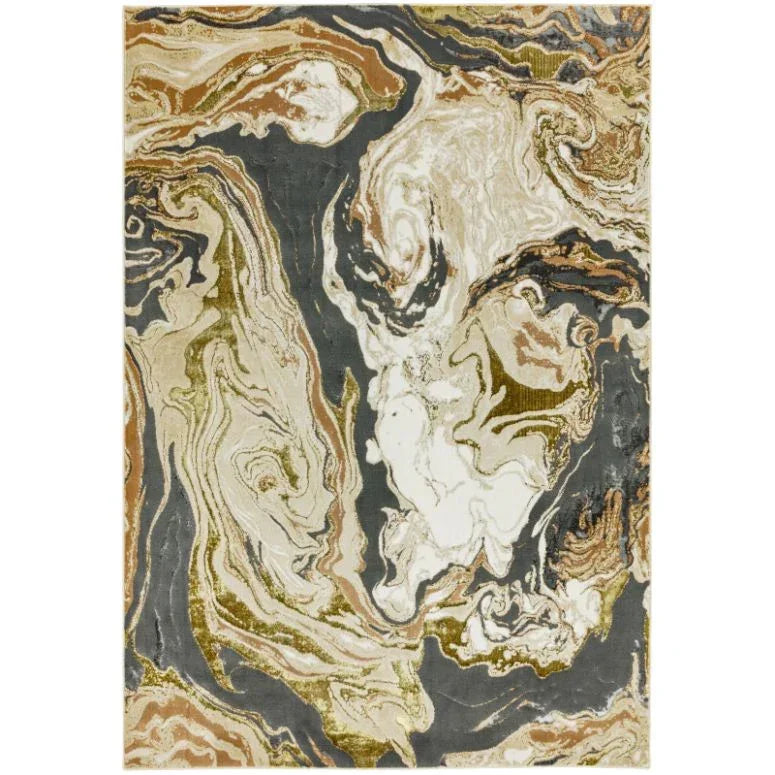 Abstract swirl area rug with beige, grey, and gold marble pattern