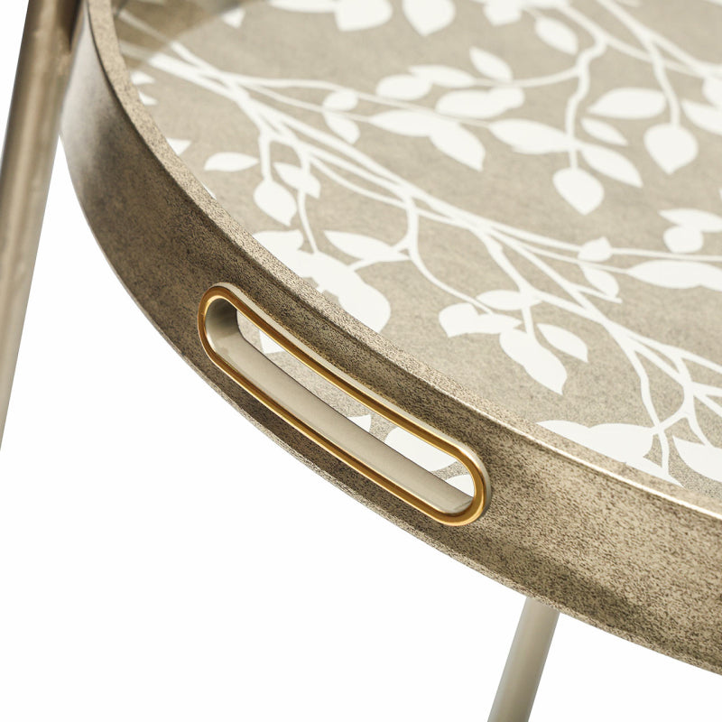 59cm Champagne End Table with Leaves Design Glass Table Top